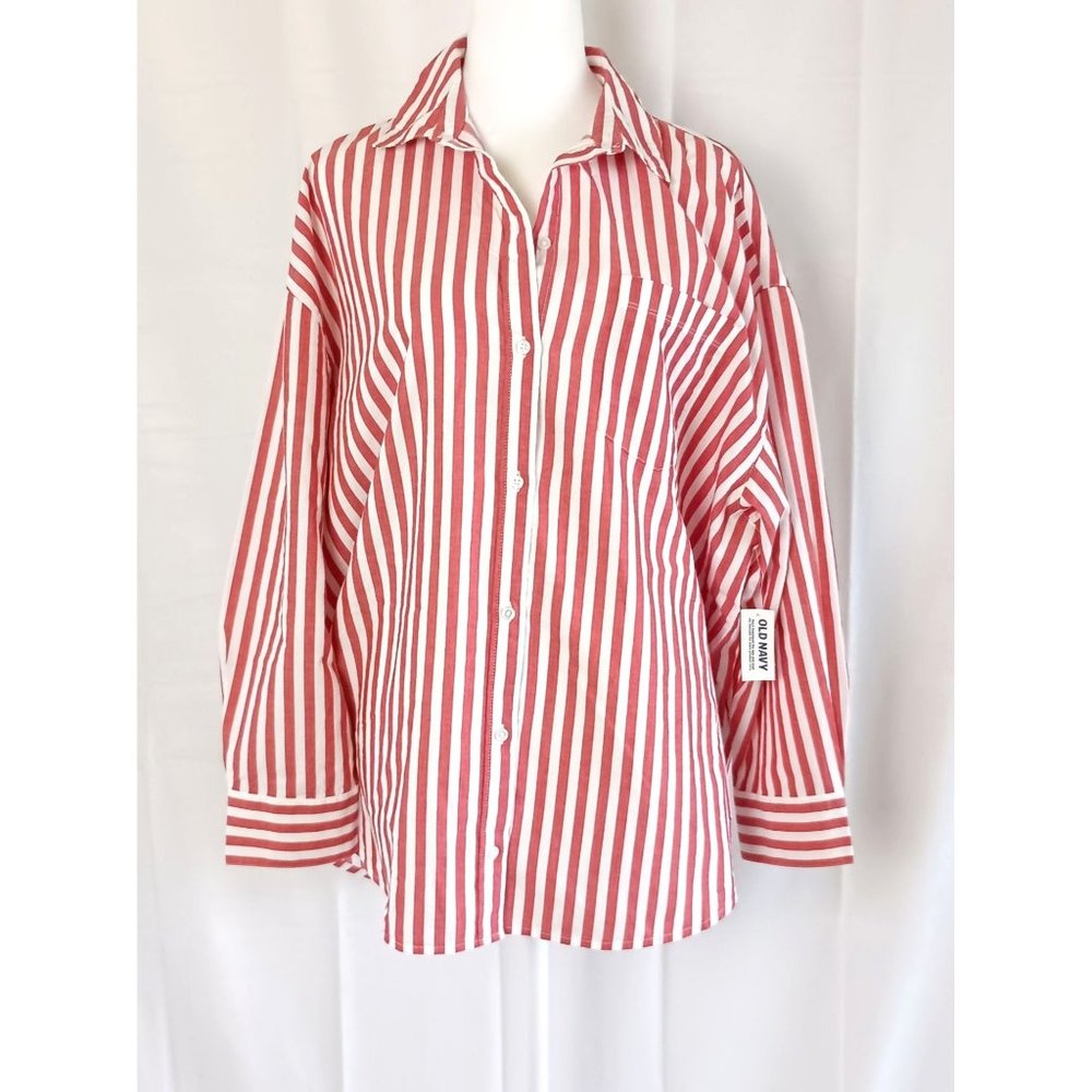 Old Navy the boyfriend shirt red white stripe relaxed fit cotton size L